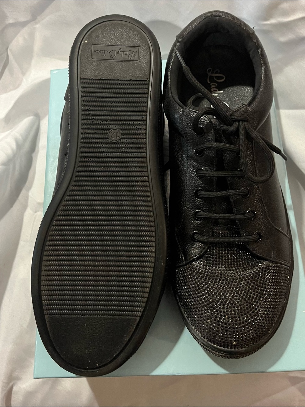 Women Black Lace-Up Leather Sneakers with Crystal Toe